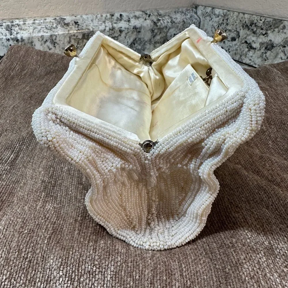 Vintage Cream Hand Beaded in Belgium Clutch bag with Coin Purse